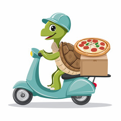 Cartoon turtle mascot delivering a fresh pizza on a scooter. A funny animal courier character for a food delivery service concept.