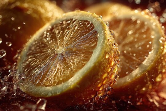 Macro shot of refreshing lemon slices with water droplets in amber liquid