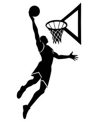 Dynamic basketball player silhouette soaring for slam dunk, sports action vector art delivering thrilling energy