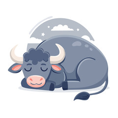 Obraz premium Illustration of a sleeping bull with closed eyes, curved horns, and a smiling expression.