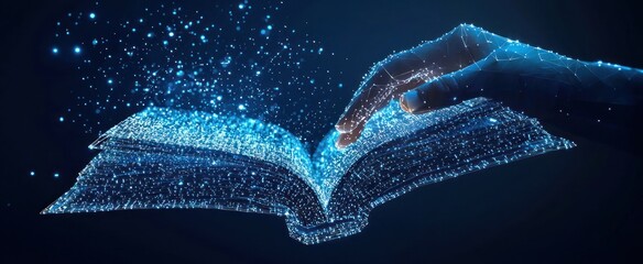 Human hand touching on a book. Low poly wireframe online education blue background or concept with opened book. Digital 3D illustration. Online reading or courses