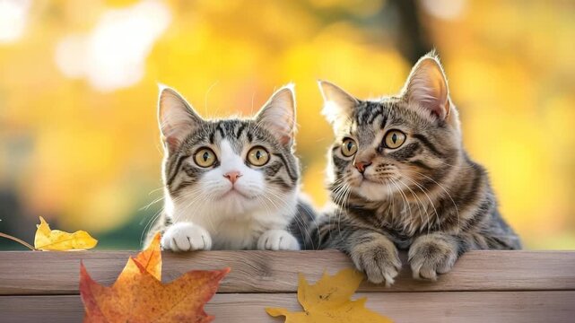 Two adorable tabby cats with bright eyes rest wooden fence surrounded by autumn leaves, playful animal nature scene with cute