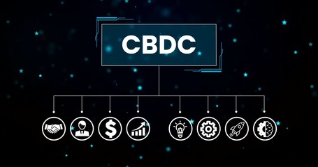 Animated rocket and gear icons representing workflow and progress on digital interface, CBDC presentation page