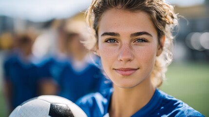 Naklejka premium a female teenage soccer player in a blue jersey holding a ball