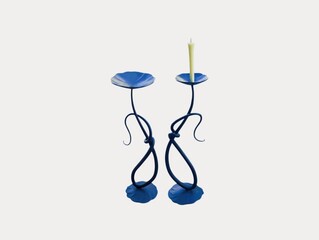 The white background in the picture is a black patterned candle holder with a base and a dark blue candle holder as a decorative curved pattern. There is a candle holder on top that looks like a dark 