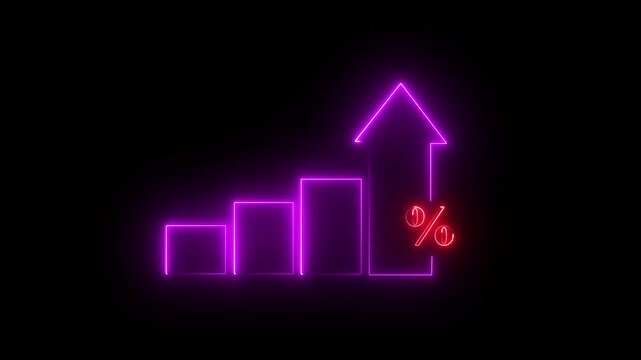 Profit high growth percent icon, stocks, financial, Interest rate and dividend concept. Glowing neon line animated graph and chart with percentage icon solaced on transparent background. 