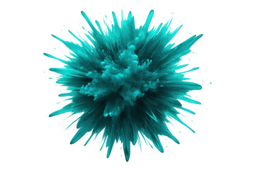Turquoise powder bursting outward, forming dynamic starburst pattern against transparent backdrop, highlighting explosive motion and graphic design potential