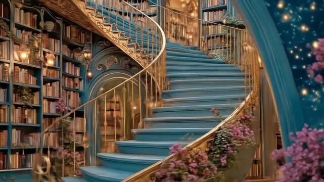 Elegant library with a winding staircase with illuminated books, and and magical atmosphere.