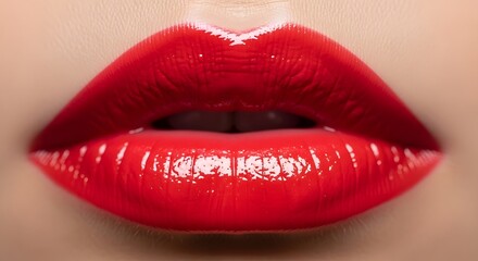 Fototapeta premium Glamorous close-up of a woman's seductive red lips, showcasing glossy lipstick and perfect skin.