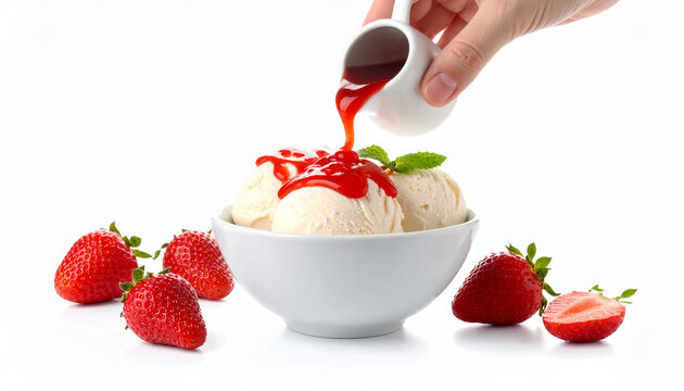 Close up hand pouring sweet strawberry sauce on ice cream. Served with strawberry with almond, isolated on white background