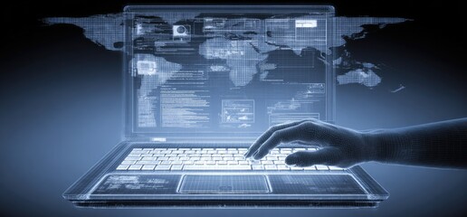 Futuristic laptop with a world map interface and a hand typing