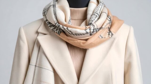 Cream plaid coat scarf