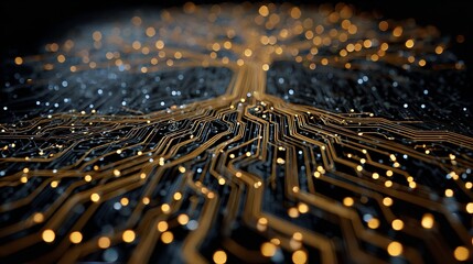 Abstract golden network connecting like a tree on a black technology board