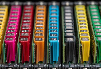 Colorful computer memory modules installed in a server or data center rack