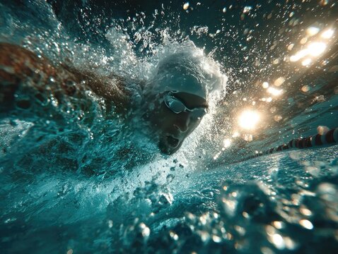 Underwater view of a swimmer's face emerging from water with sun glare