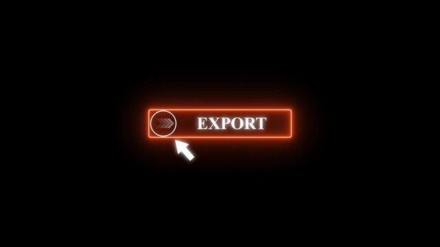 Glowing neon color white text cursor animation pointing towards Export button in looping with transparent background.4k video 