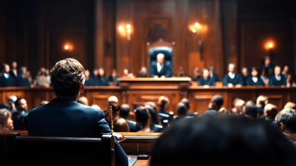Intense Courtroom Scene with Judge and Audience in Focus