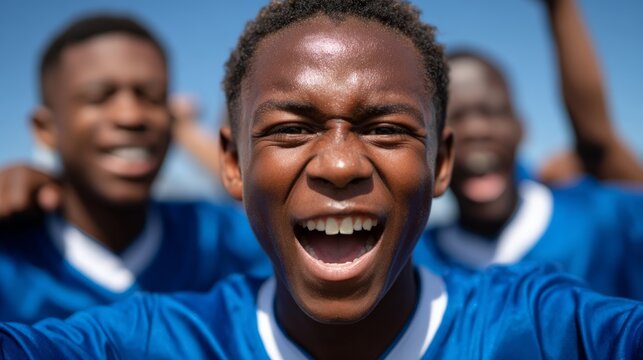 group of happy young soccer players in blue jerseys celebrating a goal