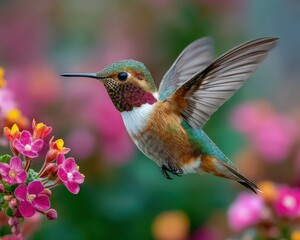 Fototapeta premium National Hummingbird Day Ruby-Throated Hummingbird Hovering over Penta Flowers Summer Vibrant Garden Scene for Millennial Social Media Advertising