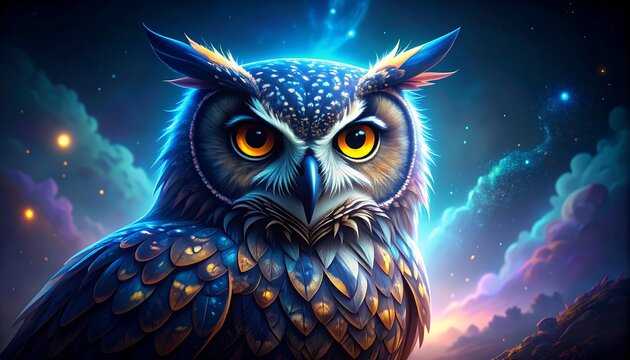 A majestic owl, rendered in vibrant blues and golds, is set against a cosmic backdrop of nebulae and glowing clouds