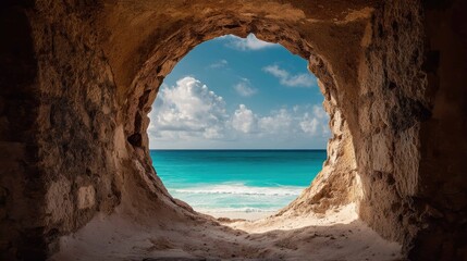Scenic View of Ocean Through Rock Cave with Bright Blue Sky