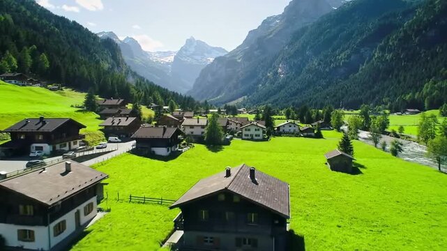 Scenic Grindelwald Valley Village with Lush Green Meadows and SnowCapped Alps
