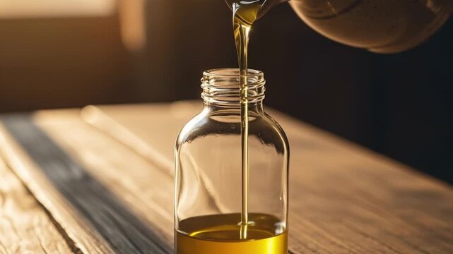 Warm sunlight illuminates a stream of golden cooking oil being poured into a small glass bottle on a wooden surface.
