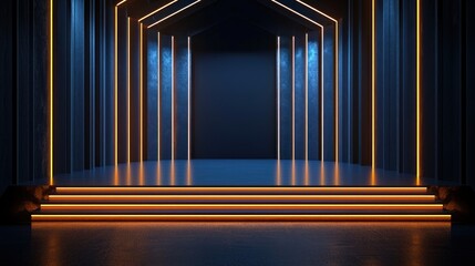 Fototapeta premium Empty stage Design for mockup and Corporate identity,Display.Platform elements in hall.Blank screen system for Graphic Resources.Scene event led night light staging.3d Background for online.3 render