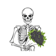 A detailed black and white illustration of a skeleton holding a bouquet of black roses.
