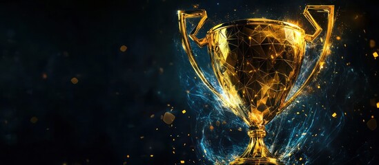 Abstract gold champion trophy in futuristic glowing low polygonal style isolated on black background. Championship, cup winner concept. Modern abstract connection design