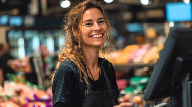 Friendly cashier smiling while working at a busy grocery store - Powered by Adobe