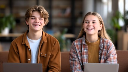 Happy teenagers smiling together in a modern workspace setting