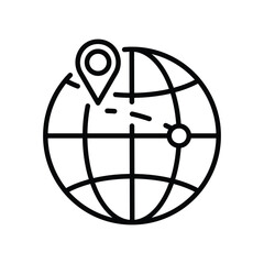 A black and white globe with a location pin and a dotted travel route
