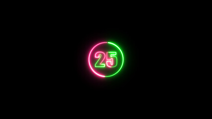 A dynamic circular and glowing neon number 25 on a black background.