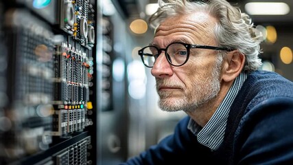 brightly lit data center with older man glasses gray hair meticulously examining server hardware racks for expertise focus technical skills experienced professionals reliable data management concept