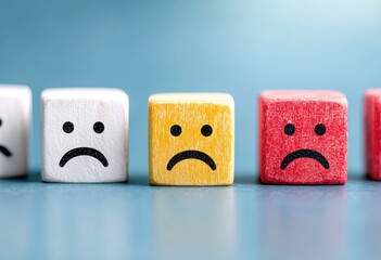 Four small, colored wooden blocks with sad faces