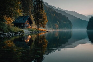Fototapeta premium Rustic wooden cabin nestled by a serene lake with misty mountains in the background