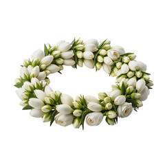 Elegant Thai Jasmine Garland with Green Accents | Traditional Floral Ring for Worship and Celebration – Isolated PNG. An intricately arranged Thai jasmine garland with fresh green leaves, symbolizing 