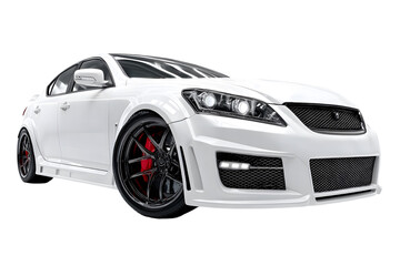 Fototapeta premium Sleek white modified sedan showcases custom body kit against a transparent backdrop