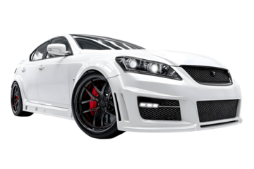 Sleek white modified sedan showcases custom body kit against a transparent backdrop