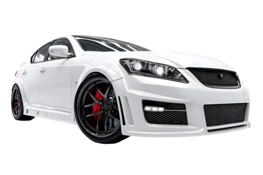 Sleek white modified sedan showcases custom body kit against a transparent backdrop