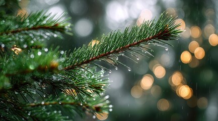Close-up of a wet fir branch, rain drops, bokeh lights