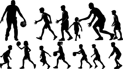 Silhouette illustration of a group of people playing basketball and practicing dribbling skills on a white background