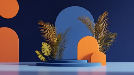 Abstract 3D scene with vibrant colors and tropical foliage.  A multi-level platform in shades of blue and orange, decorated with palm and monstera leaves, sits against a dark navy background.  