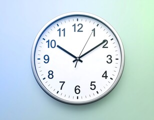 White clock face, silver frame, pastel background