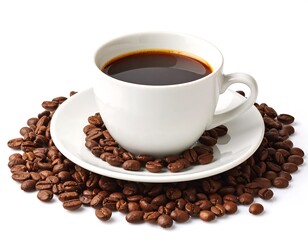 White coffee cup filled with dark liquid, surrounded by coffee beans