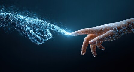 Digital hand touching human hand.  Two hands, one a digital representation of points of light, one human, are nearly touching.  A glow between the fingers