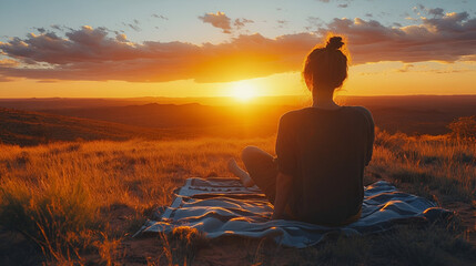 Woman sunset meditation outdoor mindfulness nature calm peaceful serene golden hour landscape view 