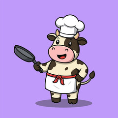 Cute cartoon cow chef holding a frying pan, smiling in a light purple background.