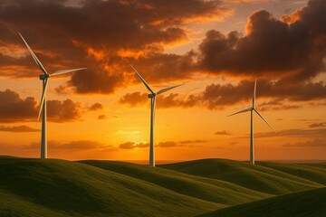 Serene Wind Turbines on Rolling Hills at Sunset